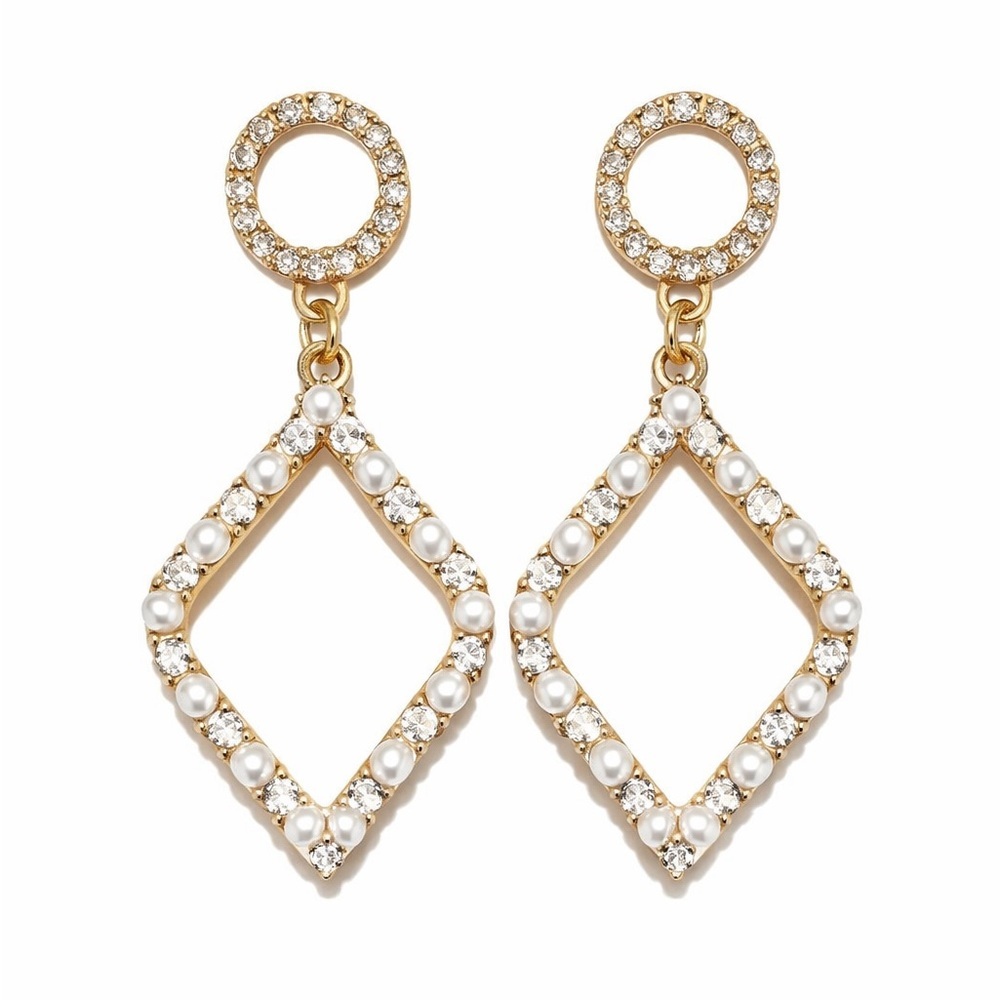 Tuckernuck Gold Pearl and Cubic Zirconia Geometric Dangle Earrings NEW